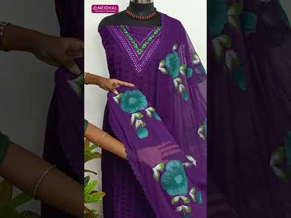 Dark maroon schiffli embroidered cotton unstitched salwar material, v neck with thread& sequins work(lining needed)matching cotton bottom, brush painted fancy chiffon dupatta with lace tapings. CODE SP250315