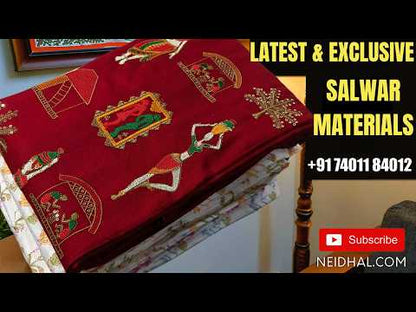 Mehandhi yellow liquid fabric unstitched salwar material(Lining optional)round neck,embroidery on front, embroidered liquid fabric bottom,multicolor crinkled fancy silk cotton dupatta with lace tapings. FB261118