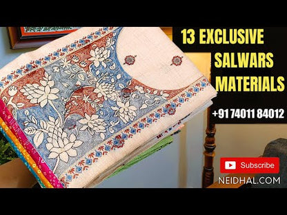 Light beige printed premium jute silk unstitched salwar material, rich embroidered on yoke(thin fabric, lining needed)matching spun cotton bottom, digital printed premium jute silk full length dupatta. CODE MY252301