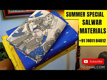 Blue digital floral printed silk cotton unstitched salwar material,(silky, lining needed) zari buttas on front, fancy tapings on daman, matching silky bottom, pichwai printed silk cotton full length dupatta. OC251104