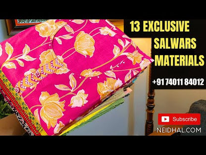 White chikankari embroidered cotton unstitched salwar material, thread& bead work on yoke, pannel pattern on front(thin fabric, lining needed)matching textured bottom, floral printed chiffon dupatta with lace tapings. CODE OC241910