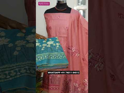 Denim blue jamdani woven silk cotton unstitched salwar material(thin, lining needed)matching silk cotton bottom, jamdani woven silk cotton full length dupatta with tassels. CODE AG251804