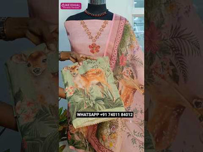 Pastel green with golden tint tissue linen unstitched salwar material, v neck with zari work, deer design with zari& zardozi work on daman(thin, lining needed)matching santoon bottom, digital printed tissue linen dupatta with lace tapings.. CODE AG251907