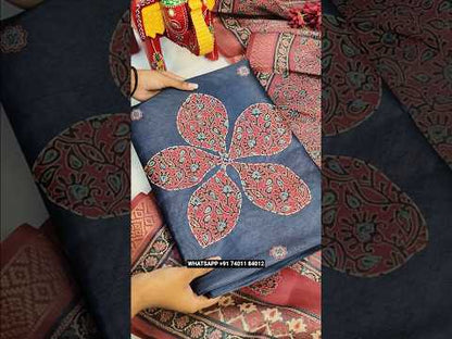 Dark bluish grey digital printed silk cotton unstitched salwar material, big floral design on daman(thin, lining needed)dark maroon spun cotton bottom, digital printed silk cotton dupatta with zari woven borders. CODE AG250501