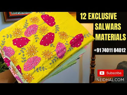 Sky blue premium slub cotton unstitched salwar material, brush paint& embroidered on yoke, thread woven design on front(lining needed)matching slub cotton bottom, pure mul cotton dupatta with sequins. CODE FB252401