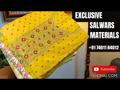 Yellowish beige original wax batik dyed satin cotton unstitched salwar material, thread work on yoke(lining needed)dark blue batik dyed cotton bottom, original wax batik dyed pure mul cotton dupatta. CODE JA250612
