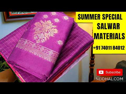 Lavender silk cotton unstitched salwar material,buttas all over, bird weaving on daman,(Lining Needed)santoon bottom,thread woven lines & weaving design on full length silk cotton dupatta with tassles . AG260908