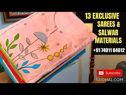 CODE NS138 : Light beige pure linen saree(thin &light weight)patch work, tissue border& lace work all over, pastel pink with rich applique work on pallu, striped pure linen running blouse with tissue borders.