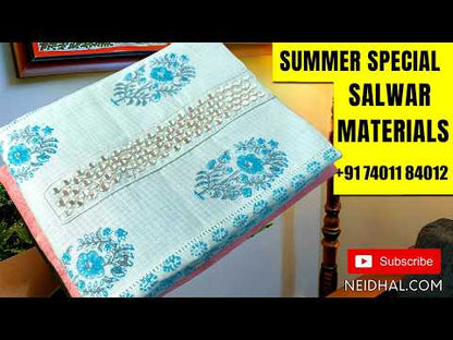 Pastel blue block printed kota cotton unstitched salwar material, real mirror work on yoke,panel design (lining needed)cotton bottom,block printed mul cotton dupatta with lace tapping. JL261612