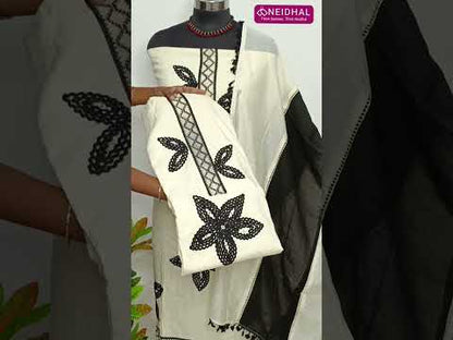 Half white liquid fabric unstitched salwar material, real mirror, lace floral design on front (Lining Needed) matching bottom, soft silk cotton dupatta with crochet work and tapings. OC250608