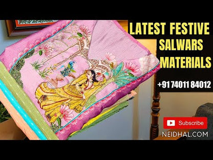 Light beige satin cotton unstitched salwar material, embroidery work on front (lining needed) matching spun cotton bottom, soft fancy silk cotton dupatta with rich embroidery (TAPINGS NEEDED). NV252315