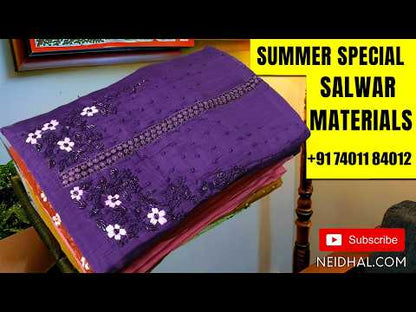 Dark purple mul chanderi unstitched salwar material,hand embroidery work and cut bead detailing( soft,lining needed)santoon bottom, self embroidery and cut work on mul chanderi dupatta. MY261204
