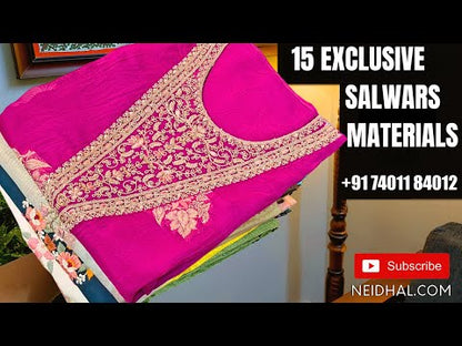 Greyish blue digital printed premium soft silk cotton unstitched salwar material, v neck with hand embroidered(thin fabric, lining needed)matching santoon bottom, digital printed premium soft silk cotton bottom with gold tissue borders. CODE FB251601