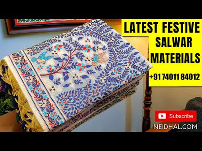 Mehandhi Yellow soft Benarasi silk cotton unstitched salwar material(lining needed) colorful buttas, zari lines allover, tissue line daman, matching silk cotton bottom, tissue silk cotton dupatta with tassels. JA262520