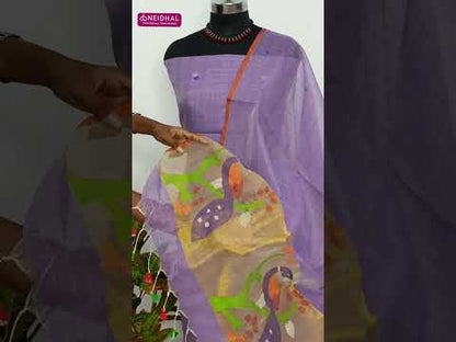 PREORDER: SHIPPING AFTER 1 WEEK Purple designer muslin jamdani unstitched salwar material, hand woven design& zari checks all over(thin, lining needed)NO BOTTOM, muslin jamdani full length dupatta with rich paithani weaning pallu. CODE SP250301
