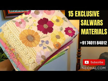 Pastel blue slub silk cotton unstitched salwar material, floral print& bead work on yoke& daman(thin, lining needed)matching spun cotton bottom, floral printed semi linen dupatta with lace tapings. CODE JL252716