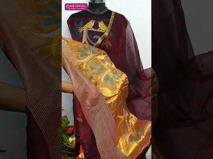 PREORDER: SHIPPING AFTER 1 WEEK Royal blue muslin jamdani unstitched salwar material, thread weaving on yoke& front(thin, lining needed)NO BOTTOM, muslin jamdani full length dupatta with gold tissue pallu& paithani weaving. CODE SP250502