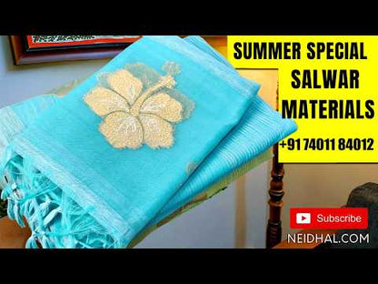 Designer pastel green jamdani woven premium tussar unstitched salwar material,(textured,lining needed)jamdani weaving on organza daman, silk cotton bottom, jamdani woven on tussar dupatta with organza pallu and tassels. JL261202