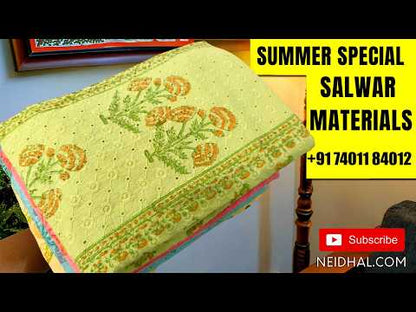 premium hand block printed dobby cotton unstitched salwar material,self design all over, panel design,(lining optional)black cotton bottom,block printed mul cotton dupatta. MY262816