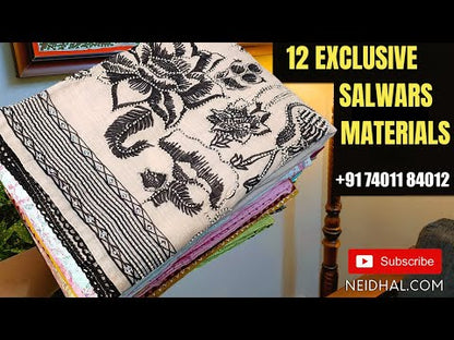 Pastel yellow block printed chikankari embroidered pure cotton unstitched salwar material, panel pattern on front(lining needed)block printed cotton bottom, block printed kota dupatta with gold tissue borders. CODE JN251306