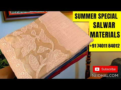 Mossy green benarasi silk cotton unstitched salwar material, thread woven buttas all over(Lining needed)dark blue spun cotton bottom,hand block printed pure kota cotton dupatta with tissue borders. AG261806
