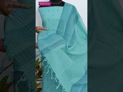 Pastel blue south handloom cotton unstitched salwar material, thread woven buttas all over(lining needed)vertical printed south handloom cotton bottom, self checkered handloom cotton dupatta. CODE AG252805