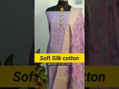 Lavender sober printed soft silk cotton unstitched salwar material, bead work on yoke(lining needed)matching silky bottom, digital printed silk cotton dupatta with zari buttas& borders. CODE AG250801