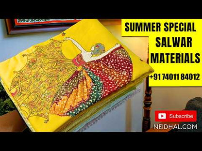 Dark maroon premium tussar silk unstitched salwar material, patola embroidery with thread and zari wok on yoke, printed yoke (lining needed) matching santoon bottom, kalamkari printed on tussar silk dupatta with patola printed pallu and borders. MR260603