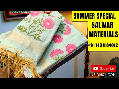 Bright green printed soft cotton unstitched salwar material, thread embroidery work on yoke, (lining needed)printed cotton bottom,printed crinkled cotton dupatta. AP262703