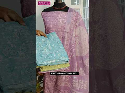 Bluish grey warli printed semi tussar unstitched salwar material, thread& sequins work on front(thin, lining needed)matching silky bottom, warli printed semi tussar dupatta with silver zari borders. CODE AG251710