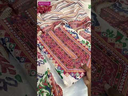 Half white base multi color printed premium linen unstitched salwar material, rich bead& zardozi work on yoke(lining needed)reddish maroon spun cotton bottom, printed premium linen dupatta with lace tapings. CODE AG252210