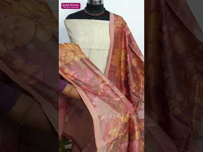 Light beige designer jamdani woven silk cotton unstitched salwar material, zari woven buttas on front(lining needed)matching silk cotton bottom, jamdani hand woven premium silk cotton full length dupatta. CODE AG252701
