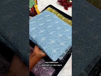 Black fancy crinkled silk cotton unstitched salwar material, netted yoke patch with lace work(lining needed)light mauve silky bottom, self embroidered super net full length dupatta. CODE JL251914