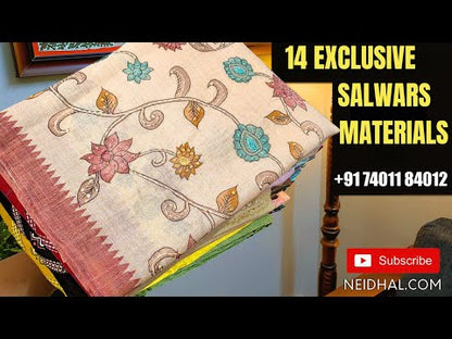 Light chocolate brown fancy silk cotton unstitched salwar material, thin zari lines all over(thin, lining needed)matching silky bottom, floral printed fancy silk cotton dupatta with zari checks &gold tissue borders. Code JL252210