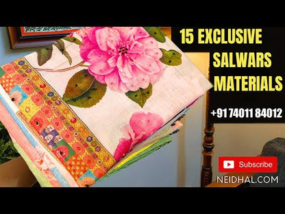 Mehandhi yellow floral printed premium cotton semi stitched salwar material, v neck with lace work(lining needed)matching cotton bottom, block printed pure kota cotton dupatta. CODE JL251214