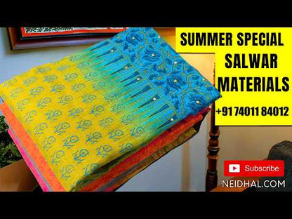 Dark green maheshwari silk cotton unstitched salwar material( soft,lining needed) benarasi zari woven borders,matching silk cotton bottom, Maheshwari silk cotton zari buttas dupatta with pallu. JN260216