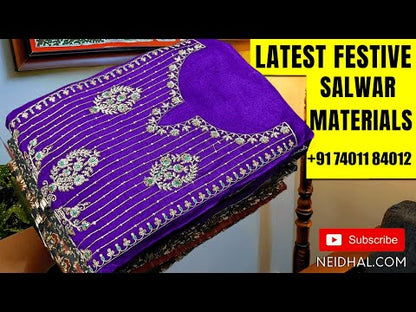 Digital printed Lavender premium linen unstitched salwar material (lining needed) floral print, bead work on yoke, floral print, sequins on daman, matching spun cotton bottom, floral printed semi linen dupatta. JA260714