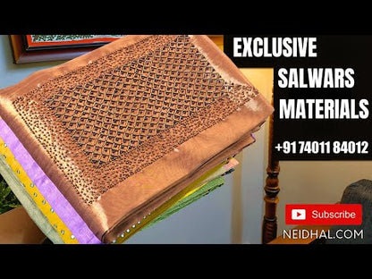 Lavender soft silk cotton unstitched salwar material, zari& sequins work on yoke, zari buttas all over(thin fabric, lining needed) matching silky bottom, digital printed soft silk cotton dupatta. CODE DC243111