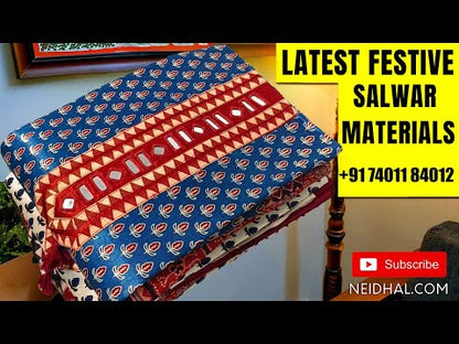 Digital Printed mehandhi Green silk cotton unstitched salwar material (lining needed) digital print, faux mirror work on yoke, matching spun cotton bottom, digital animal printed silk cotton dupatta. DC252612