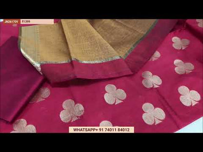 Light beige designer jamdani woven silk cotton unstitched salwar material, zari woven buttas on front(lining needed)matching silk cotton bottom, jamdani hand woven premium silk cotton full length dupatta. CODE AG252701