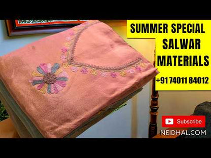 Purple silk cotton unstitched salwar material,zari checks all over,(Lining Needed)silky bottom, buttas on full length silk cotton dupatta with rich gold and silver zari pallu. AG260903