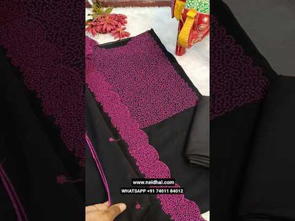 Bottle green semi georgette unstitched salwar material, rich thread embroidered on yoke(lining needed)matching silky lining provided, matching silk cotton bottom, semi georgette dupatta with rich thread embroidery. CODE JL253107