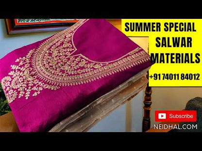 Green mercerized handloom cotton unstitched salwar material,floral applique work on yoke,(lining needed)cotton bottom,hand block printed mul cotton dupatta. AG261708
