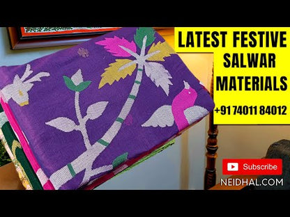 Mauve soft silk cotton unstitched salwar material, v neck with rich sequins work(lining needed)matching santoon bottom, rich embroidered fancy organza dupatta. CODE AG250902