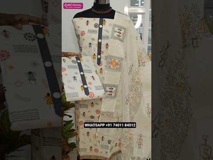 Half white warli embroidered pure cotton unstitched salwar material, rich embroidery on front(lining needed)dark grey cotton bottom, warli block printed cotton dupatta with patch work borders. CODE AG251805