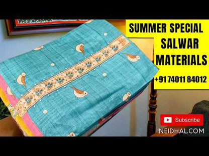 Beige base premium semi linen salwar material , french knot, sequins work on yoke,digital printed and panel design,(textured, lining needed)pink spun cotton bottom,digital printed semi linen dupatta with silver tissue borders. MY262917