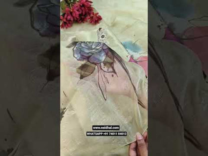 Pastel green digital printed tissue organza silk unstitched salwar material, v neck with embroidered(thin, lining needed)matching silky bottom, digital printed tissue organza dupatta with self design, zari buttas& borders. CODE JL252903