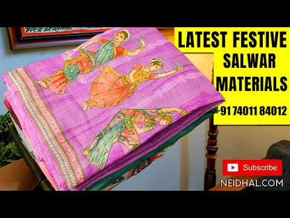 Mehandi Yellow printed satin cotton unstitched salwar material, ajrak and kalamkari patch on yoke (Soft, Lining Needed) Contrast spun cotton bottom, mixed cotton printed short width dupatta. OC250111