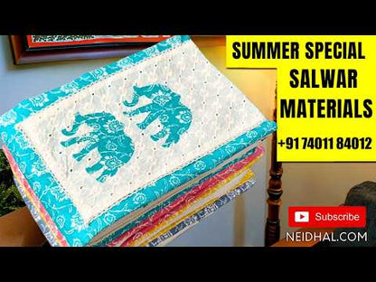 Pastel blue premium printed soft cotton unstitched salwar material, schiffli &elephant applique work on yoke(lining optional)applique work cotton bottom, pure cotton dupatta with applique work. MY261505