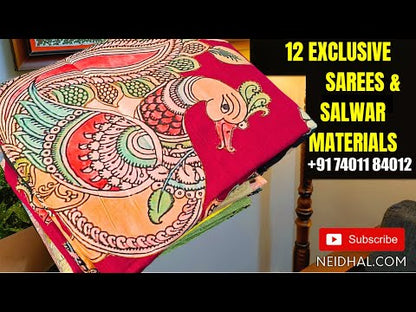 CODE NS38 : Peach checked printed semi chappa silk saree, olive green printed with gold tissue borders, digital printed pallu, digital printed blouse with gold tissue borders.